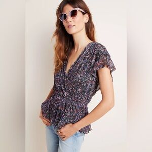 Anthropologie Floral Metallic Pleated Surplice Peplum Blouse Size‎ Medium